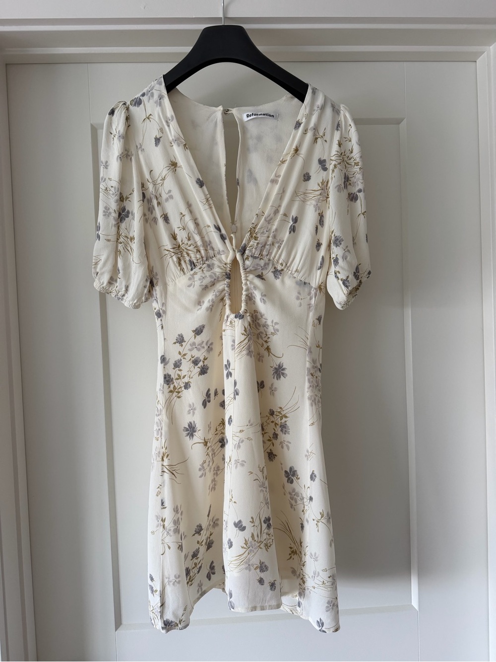 Reformation Cream Dress with Subtle Gray Floral Print